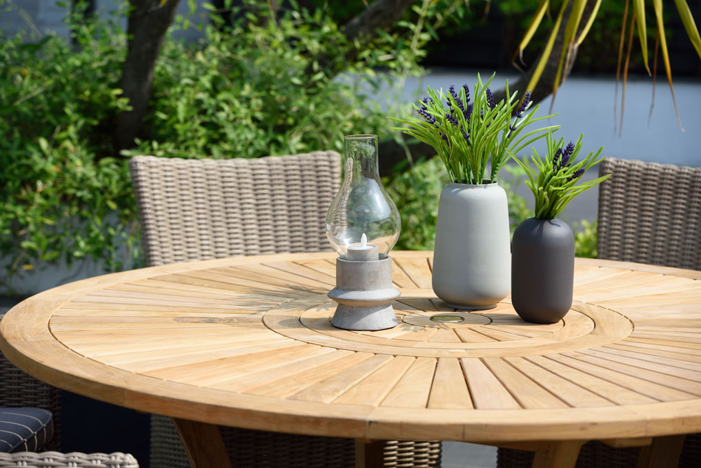 Mesa redonda Komodo de teca Recilada Martinique 150cm - LifestyleGarden®  muebles de exterior